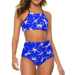 Mulheres Swimwear Sexy Monkey Print Bikini Set Azul e Branco Elegante Maiô Cintura Alta Rave Oversize Maiô