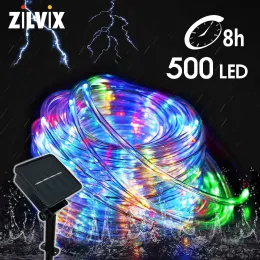 ديكورات 50 متر شمسي LED Rope Tube Fairy Light String في الهواء الطلق مقاوم للماء لحفل زفاف عيد الميلاد حفل حديقة Pathwaygarland Decor