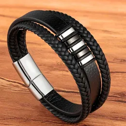 سلسلة Tyo Fashion Stainsal Steel Charm Magnetic Black Mens Bracelet Leather Leather Leature Growive Punk Rock Bracelet Exclued Goledry Gweberry 24325