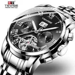 Tevise Mens relógios automáticos de luxo aço inoxidável Tourbillon Moon Fase Watch Mechanical Watch Gifts Relogio Masculino266J