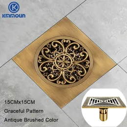 15x15cm Brass Antique Brushed Floor Drain Bathroom Kitchen Shower Room Porch Square Floor Waste Drain Grate Sanitary Drainer 240311