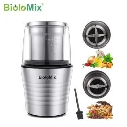 도구 Biolomix 2in1 습식 및 건조 더블 컵 300W 전기 향료 및 커피 콩 그라인더 스테인리스 스틸 바디 및 밀러 블레이드