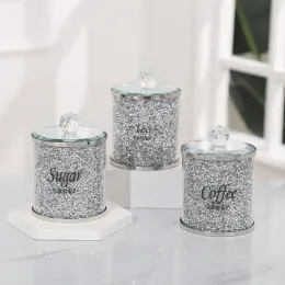 Jars Glass kitchen Canister Sets with Crushed Crystal Diamonds Coffee Sugar Tea Container Jar with Lid Decorative Glass Food Storage