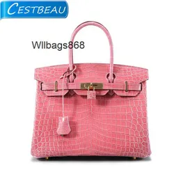 Women Handbag BK L High Gloss Cherry Blossom Powder Two-point Crocodile Fully Handcrafted High Definition Belly Bk