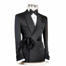 Jaqueta de terno duplo breasted para homens casamento 2024 xale lapela Slim Fit Noivo Blazer com cinto 1 Pc Fi Coat t2ph #