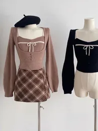 Женские майки, сексуальные уличные наряды для девочек, комплект из 2 предметов, женский топ с открытыми плечами и бантом, однотонный вязаный укороченный топ, модный стиль кокетки