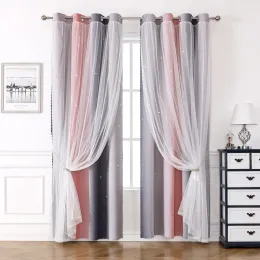 Cortinas de camada dupla para meninas, quarto, escurecimento térmico, cortina blackout de estrela arco-íris para crianças, berçário