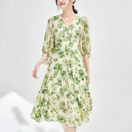 Casual Dresses Elegant Vintage for Women Summer V-Neck Three Quarter Sleeve High midje blommor Print Women's Clothing Long Dress A-Line