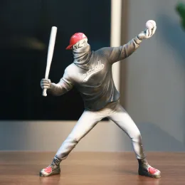 Sculptures Resin Baseball Bat Thrower Sculptures Banksy Statue Collection Pop Modern Art Crafts Interior Decoration Accessories Bookshelf