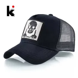 Ball Caps Mens baseball cap with embroidered skull patch buckle style hip-hop truck cap womens seasonal outdoor breathable Visor bone cap J240325
