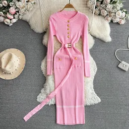 Yuoomuoo Women Dress 2023 Autumn Witrent legant Rib Pency Long Pencil مع Belt Office Lady Bodycon Sweater VERESTIDOS 240323