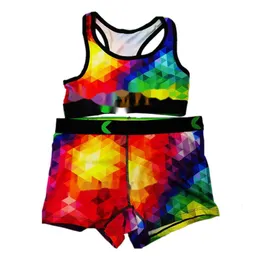 Kvinnors baddräkt 2 -stycken set sport mager andningsbara polyester tryckta trosor boxare badkläder flerfärgad väst underkläder split baddräkt bikini tank top