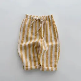 Брюки винтажные льняные хлопковые брюки в полоску для мальчиков, повседневные карманные дизайнерские брюки с резинкой на талии, одежда для маленьких девочек, детская одежда