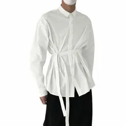 Inderun Tops 2023 Style koreański Nowi mężczyźni Filne solidne koszule z paskiem kolorów Casual Streetwear All-Match LG Sleeved Bluzja S-5xl T6U2#