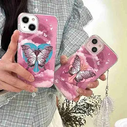 Mobiltelefonfodral koreanska söta färgglada drömlila fjärilsmönster armband silikon telefonfodral för iPhone 15 14 13 12 Pro Max 14 15 Pro Cover H240326