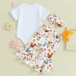 Kleidungssets Kleinkind Baby Mädchen Bauernhof Outfit Little Nugget Body Huhn Blumen Schlaghose Stirnband Born Coming Home