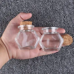 Burkar 6st 40 ml 32*37*54 mm transparenta hexagon glasflaskor hängen små önskar flaskor med korkstopp för bröllopsgäster