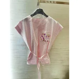 Designer 2024 Women's Sequin Embroidery O-Neck Bluses Summer Spring Stripe Sleeveless Button Loose Blouse Shirt Fashion Elegant Tops