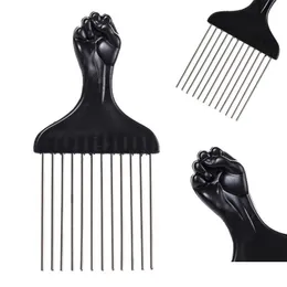 メタルアフロヘアコームアフリカンアメリカンピックヘアブラシサロンヘアドレッシングスタイリングツールブラックフィストヘアブラシZZ