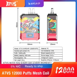 ATVS Warship 12000 Puffs Disponerbara E Cigaretter Vape 12 Flavors 0%2%3%5%20 ML Förordnad 1,0HM MESH COIL 650MAH RECHAREBLEABLE Batteri Puff 12K Bang Vape Cigarett