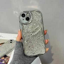 Cell Phone Cases Case for IPhone 15 14 13 12 Pro Max 14 15 Plus 11 Cover Pearl Love Heart 3D Wavy Curved Edge Soft Plating Sequin Glitter Cover H240326