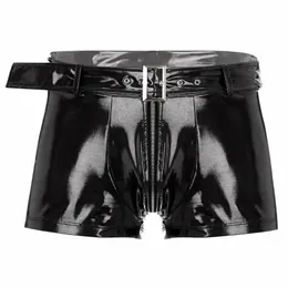 mens Metallic Patent Leather Shorts with Belt Sexy Zipper Crotch Boxers Underwear Nightclub Pole Dancing Hot Pants Nightwear m6tn#