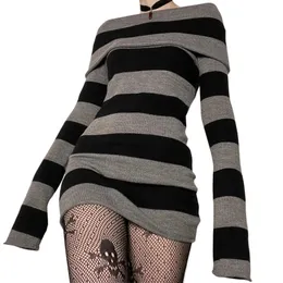 Y2K Striped Sweater Mini Dress Mall Goth Grunge Emo Bodycon Chic Women Off Shoulder Full Sleeve Slim Fit Dresses 00s Vintage 240314