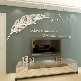 Stickers Feather 3D Stereo Acrylic Mirror Wall Stickers Living Dining Room Bedside Creative Home SelfAdhesive Decorative Stickers