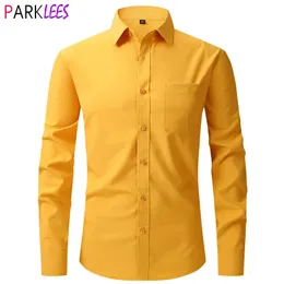 Yellow Mens Dress Shirts Spring Regular Fit Stretch Button Down Shirt Men Wrinkle-Free Easy Care Causal Formal Chemise 240318