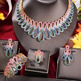 Halsbandörhängen Set Godki Luxury 4st Flowers Nigerian Jewelry for Women Wedding Engagement Party Cubic Zircon Dubai Bridal 2024