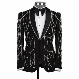luxury Metal Embellished Men Suits Notched Lapel Groom Tuxedos Sets Wedding Prom Blazers Pants Outfit Terno Masculino Completo z2YH#