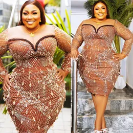 2024 Aso Ebi Plus Size Bainha de Chocolate Vestido de Baile Frisado Cristais Noite Festa Formal Segunda Recepção 50º Aniversário Vestidos de Noivado Vestidos Robe De Soiree ZJ62