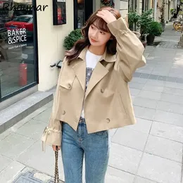 Croped Trench Women Coats Elegant Baggy Temper S-3XL Vintage Notched Double Breasted Windproect Long Sleeve Spring Kpop Fashion 240312