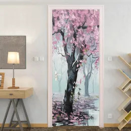 Adesivos estilo pintura a óleo 3d cerejeira flor árvore foto mural adesivo para porta quarto sala de estar pvc papel de parede autoadesivo à prova dwaterproof água