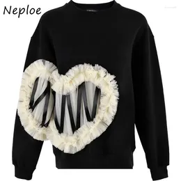 Kvinnors hoodies Stylish Autumn Love Mesh Spets Sweatshirts Kvinnor Lossa mångsidiga modetoppar Mujer långärmad o-hals kvinna