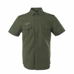 Billiga 100% Cott Casual Tactical Army Vintage Kort ärmskjorta Snaps Pilot Militärstil Summertröjor Män broderi Polis I92G#