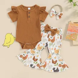 Kleidungssets 2024-02-28 Lioraitiin Geborenes Baby Mädchen Frühlingsoutfits Kurzarm Knopfleiste vorne Strampler Schlaghose Stirnband Set Kleidung