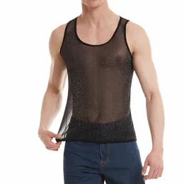Männer Shiny Mesh Muscle Weste Sexy See-Through Unterhemd Männlich Gym Fitn Tank Tops Weiche Transparente Unterhemd Sleevel T-shirt 61j6 #