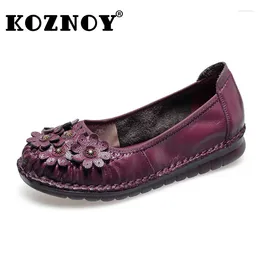 Casual Shoes Koznoy 3cm 2024 Ethnic Retro Genuine Leather Flower Summer Women Leisure Flats Loafers Plus Size Soft Mokasines Lazy Comfy