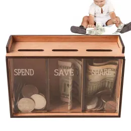 Pudełka Zabezpieczenie pieniędzy na gotówkę Drewniane pieniądze Organizator pieniędzy z 3 przedziałami przenośne banki monety domowe na świąteczne pudełko na prezent na prezent na wakacje