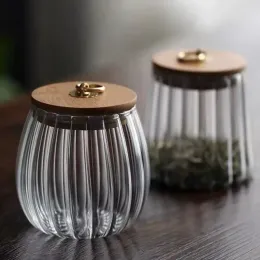 Jarras de café, jarra de chá de vidro, pétalas transparentes, listras verticais, chá enlatado, tampa de bambu, armazenamento doméstico de doces, selado