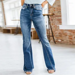 Женские джинсы, женские брюки-клеш с высокой талией, сращенные джинсовые карманы для стирки, однотонные, свободного покроя, до щиколотки, легкая эластичная уличная одежда