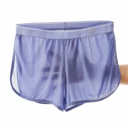 wj Sexy Sleep Bottoms Men Arrow Shorts Ice Silk Mesh Breathable Underwear Boxers Shorts Transparent Sleep Wear Underpants Shorts f9Wo#