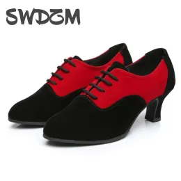 Skor Swdzm New Women's Latin Dance Shoes Middle Heel Soft Rubber Sole Modern Ballroom Tango Dance Shoes Canvas Dance Shoes Outdoor