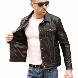 Homens genuínos Casaco Casual Marca de Luxo Real Slim Lapela Bolso Preto Jaqueta de Couro de Ovelha Aviati Roupas S1LS #