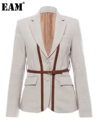 EAM Women Split Pu Leather Brief Short Blazer Lapel Long Sleeve Loose Fit Jacket Fashion Spring Autumn 2024 1K458 240301