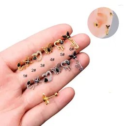 Orecchini con perno 1 pezzo 20G acciaio inossidabile 0.8mm vite con asta per le donne gioielli di moda zircone nero farfalla cuore orecchio borchie ossee