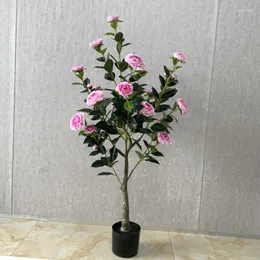 Decorative Flowers Big Artificial Camellia Rose Tree Green Plant Potted Wedding Home Garden Room Office Decoration