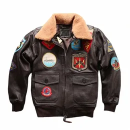 Płaszcz skórzany motocyklowy dla mężczyzn Aviator Bomber G1 Pilot Skórzana kurtka plus rozmiar prawdziwy futra kołnierzyka krowica kurtka zimowa 2xl-3xl o0do#