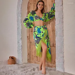 Women's Swimwear Green Tassel Long Sleeve Peacock Printed Bikini Swimsuit Set Women For Girls String Bathing Suits 2024 Fashion